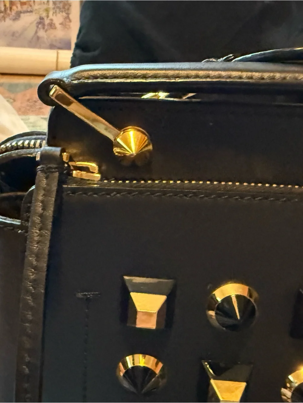 Auth Fendi Dotcom Black Leather Studded Top-Handle Bag